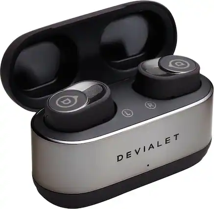 Front. Devialet - Gemini II Wireless Earbuds - Matte Black.