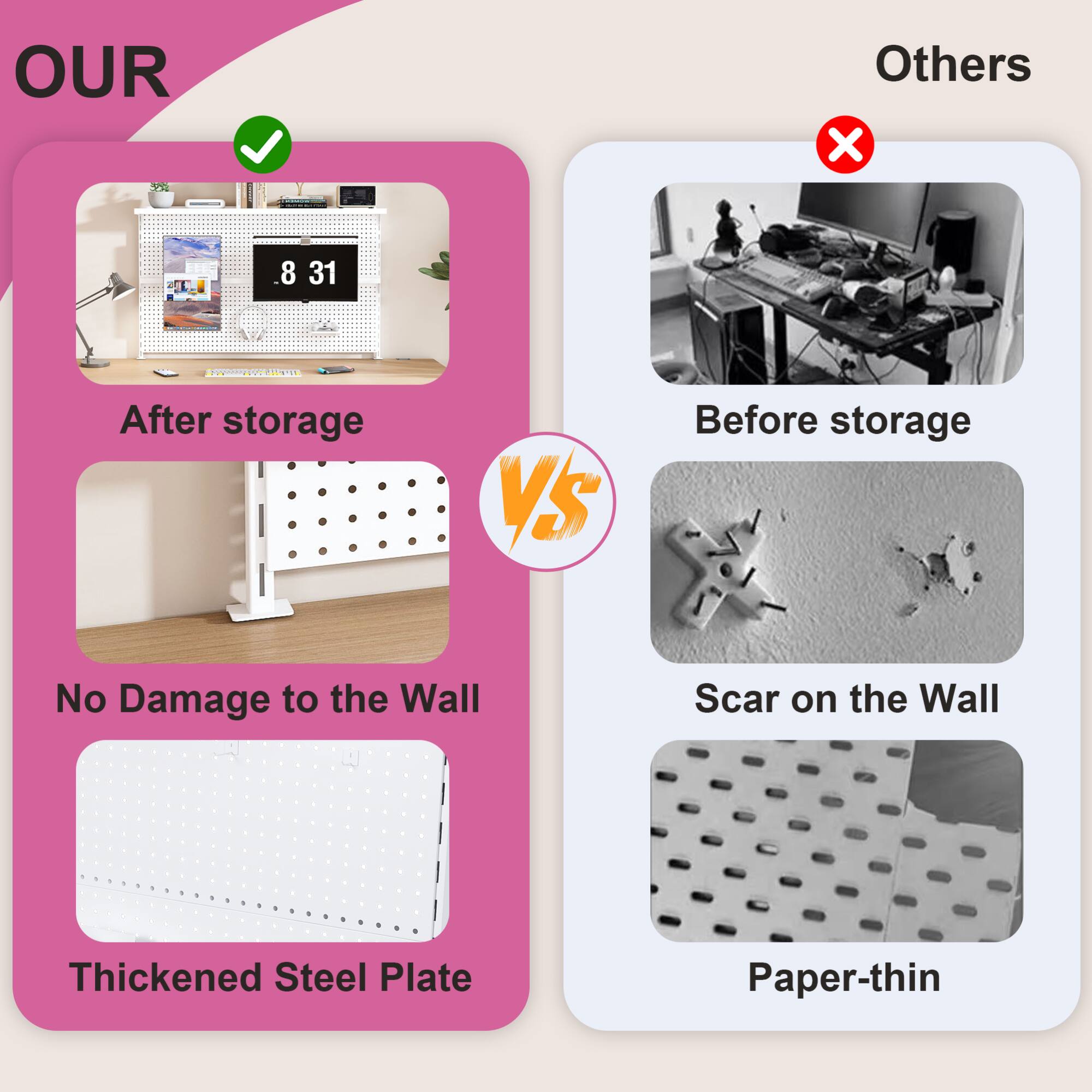 OUR  
After storage  
No Damage to the Wall  
Thickened Steel Plate  

Others  
Before storage  
Scar on the Wall  
Paper-thin