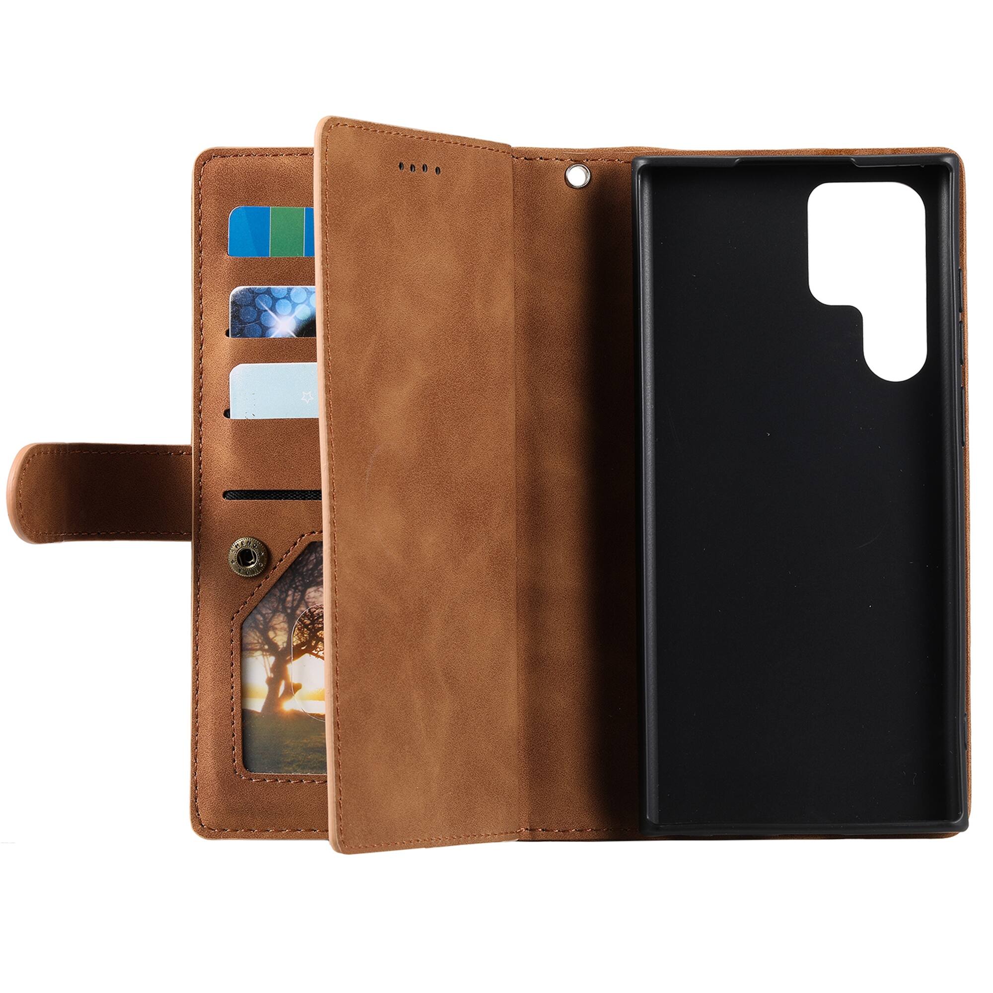 Back. Dteck - Multi-Functional Wallet Case for Samsung Galaxy S26, 9 Card Slots Zipper Pocket Stand Premium Leather Cover+Strap - Brown.