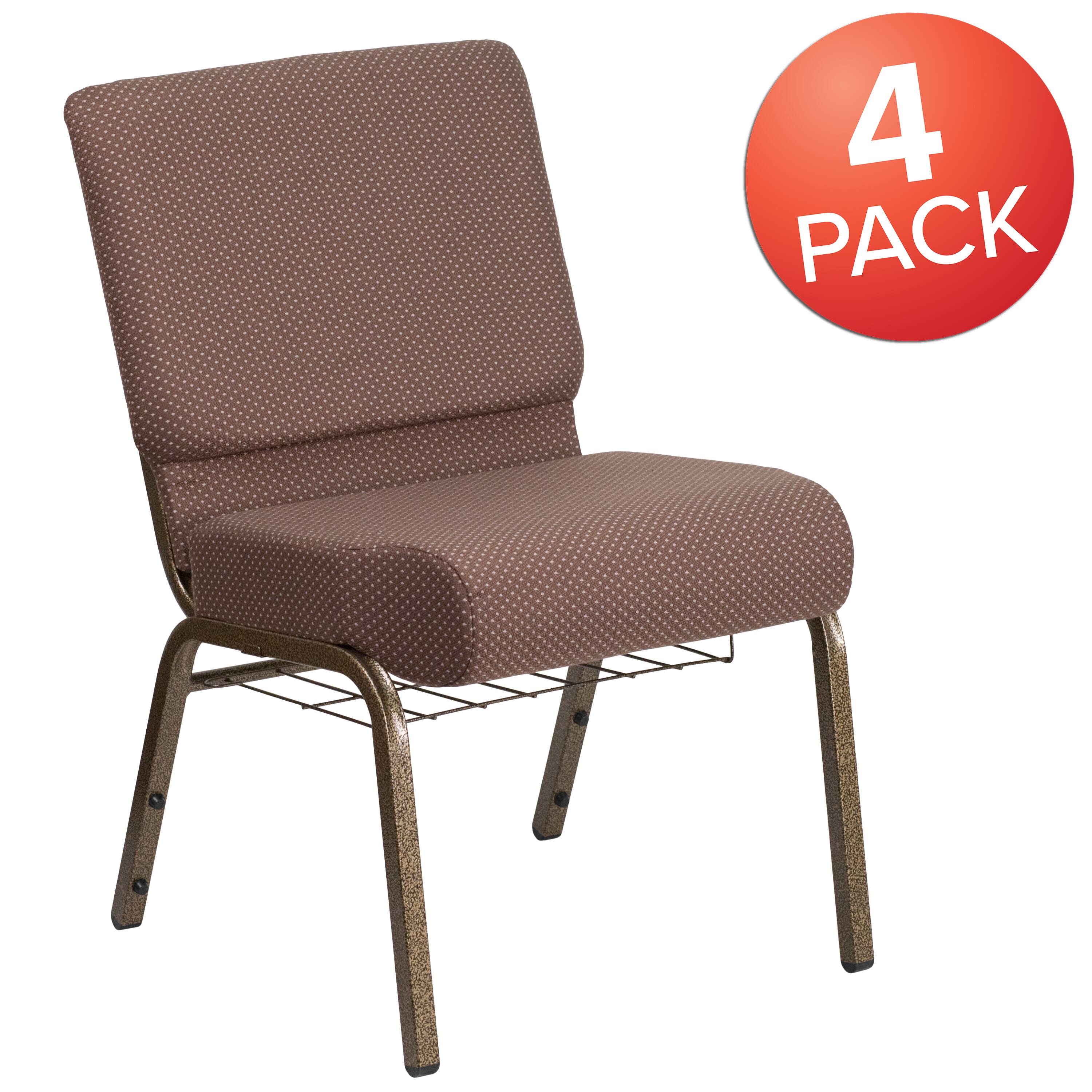 Alt View 1. Emma + Oliver - 4 Pack 21''W Church Chair with Book Rack - Brown Dot Fabric/Gold Vein Frame.