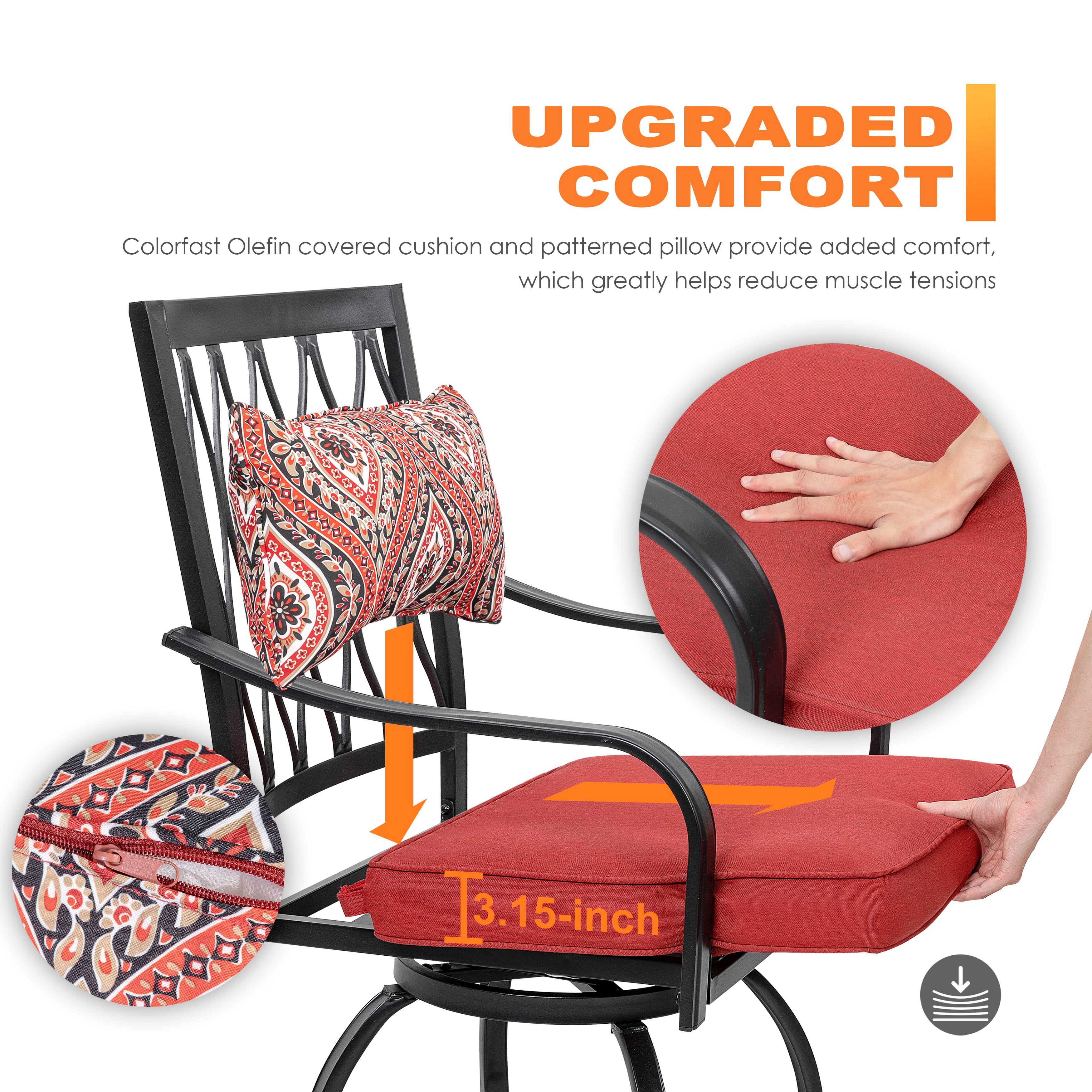 UPGRADED COMFORT  
Colorfast Olefin covered cushion and patterned pillow provide added comfort, which greatly helps reduce muscle tensions.  
3.15-inch