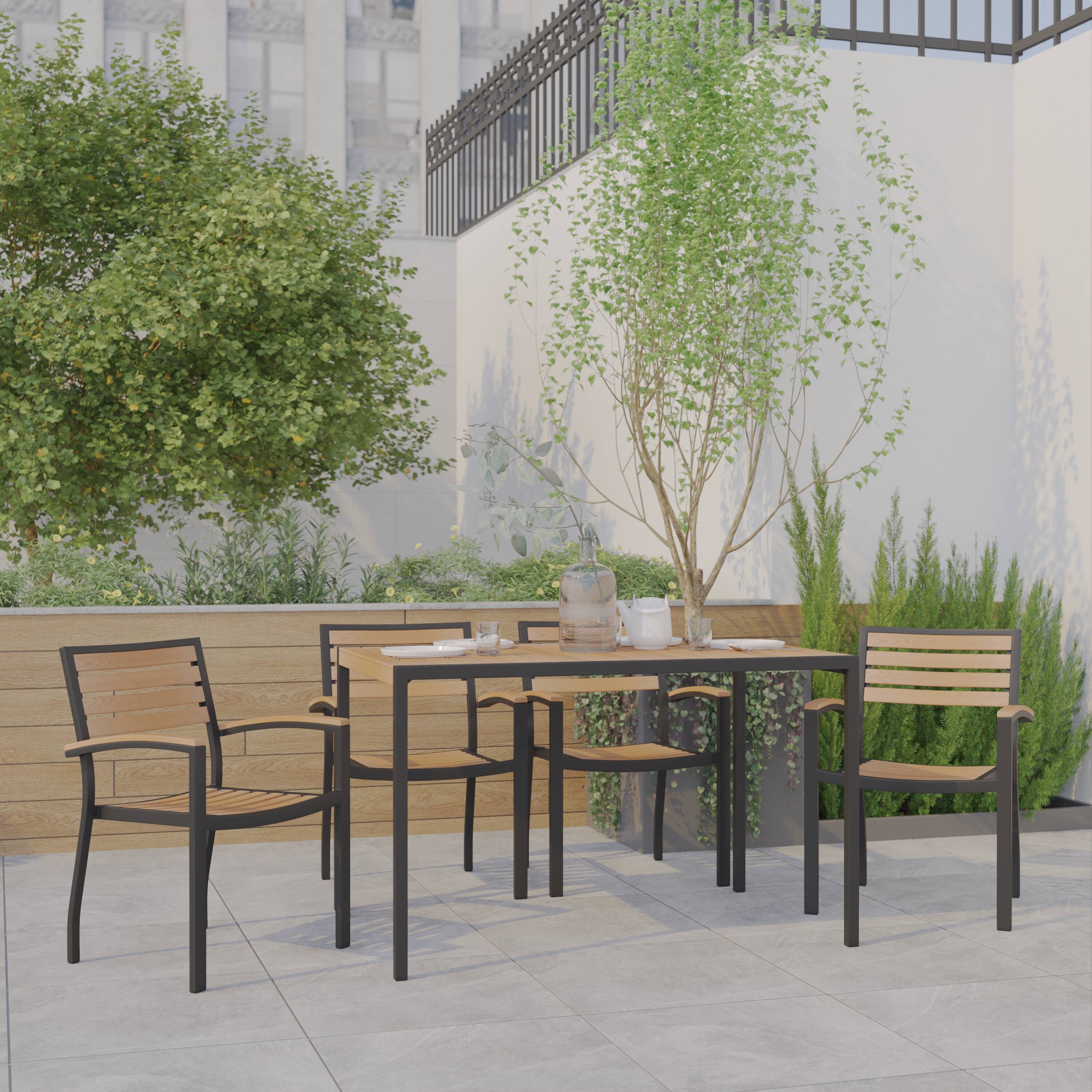 Alt View 1. Emma + Oliver - Indoor/Outdoor Faux Teak Table-Umbrella Hole-2 Club Chairs - Teak.