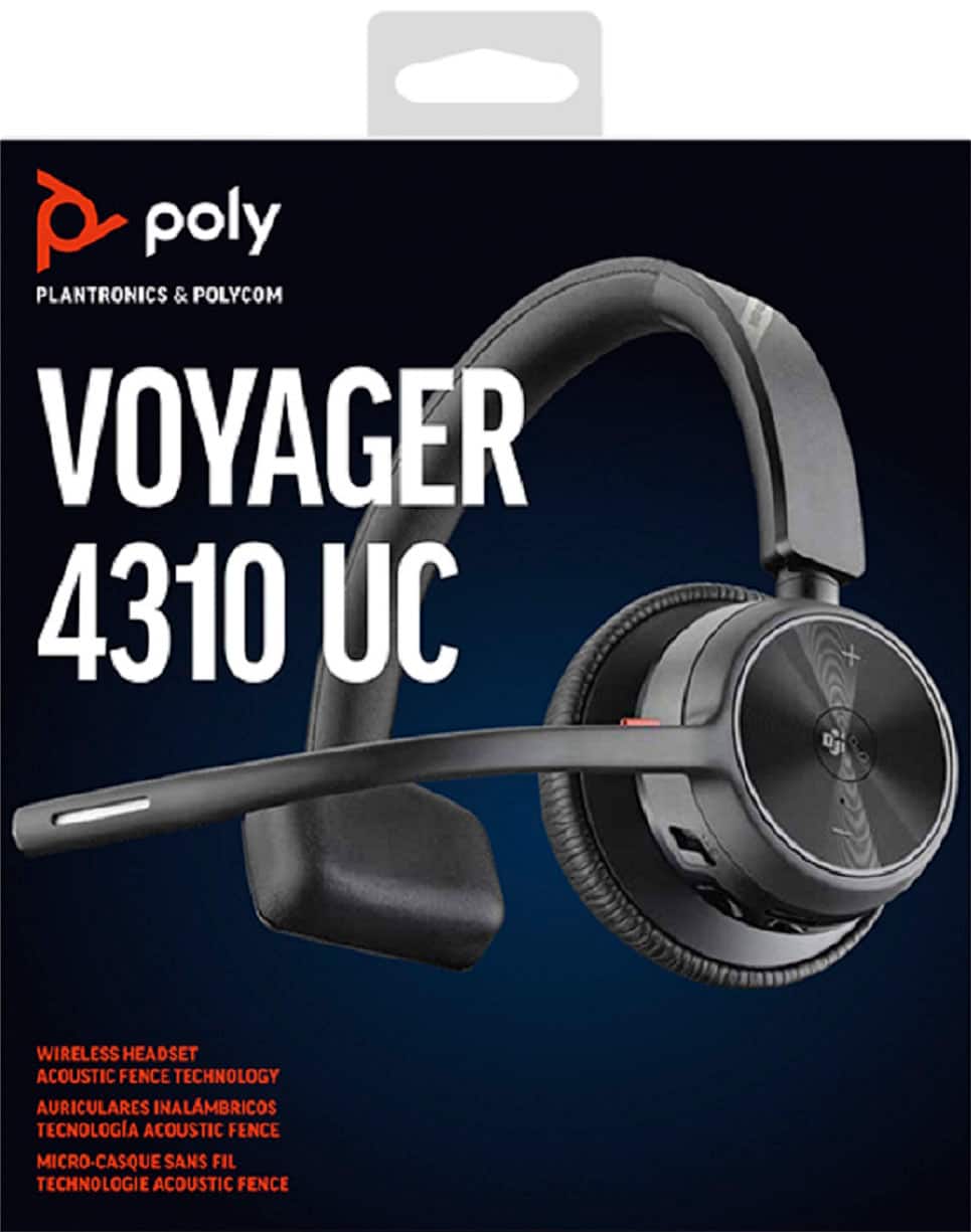 The text on the image reads "POLY PLANTRONICS & POLYCOM VOYAGER 4310 UC WIRELESS HEADSET ACOUSTIC FENCE TECHNOLOGY ACOUSTIC FENCE MICRO-CASQUE SANS FIL TECHNOLOGIE ACOUSTIC FENCE."