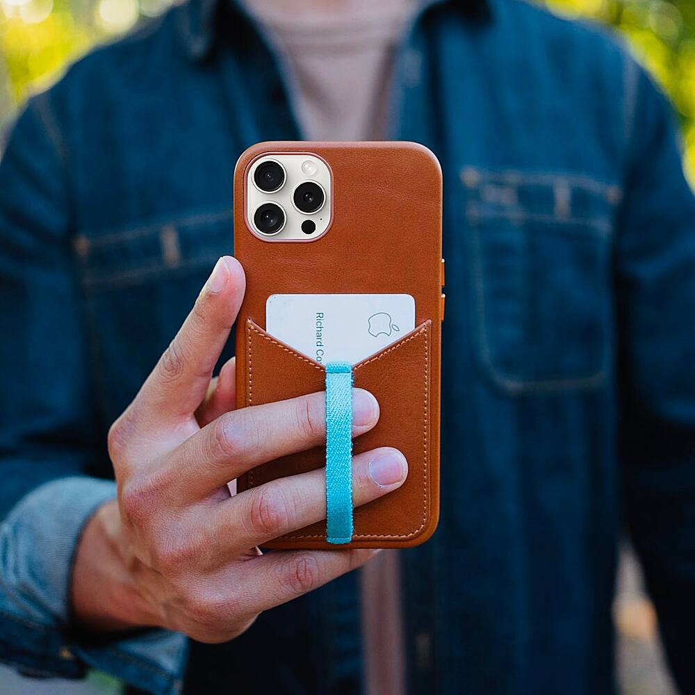 Left. Bluebonnet - Leather Wallet Case for Apple iPhone 15 Pro - Saddle Tan.