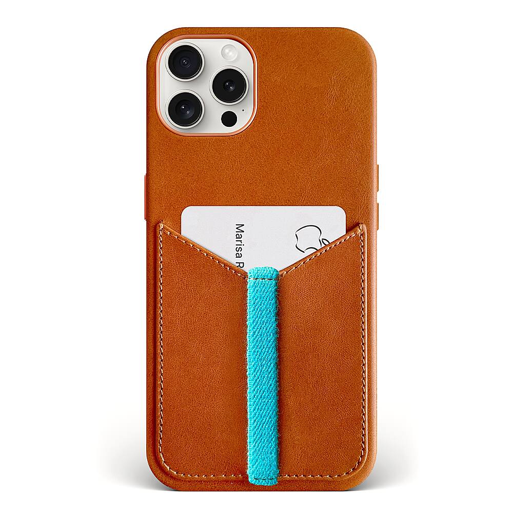 Front. Bluebonnet - Leather Wallet Case for Apple iPhone 15 Pro - Saddle Tan.