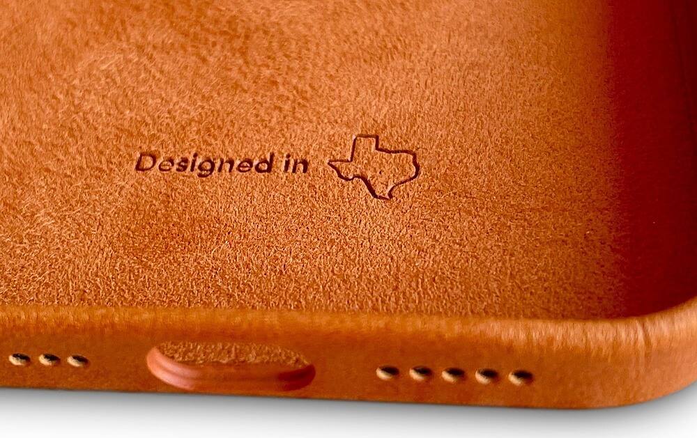 Angle. Bluebonnet - Leather Wallet Case for Apple iPhone 14 - Saddle Tan.