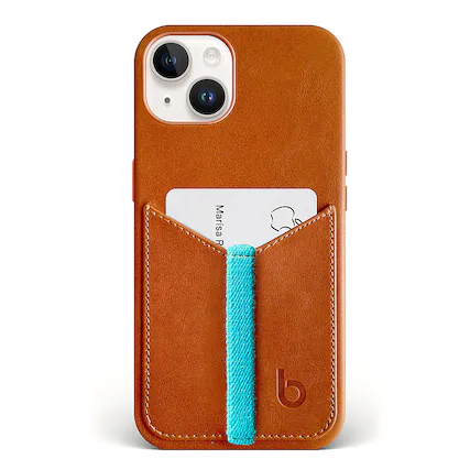 Front. Bluebonnet - Leather Wallet Case for Apple iPhone 14 Pro - Saddle Tan.