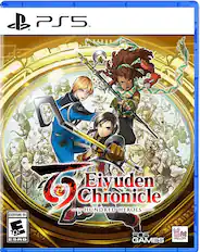 The image features a video game called Eiyuden Chronicle: Hundred Heroes. The game is rated E10+ for everyone and is available on the PlayStation 5. The cover of the game showcases two characters, one on the left and the other on the right, holding swords. The game is developed by 505 Games and published by S6AR.