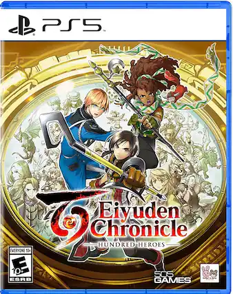 The image features a video game called Eiyuden Chronicle: Hundred Heroes. The game is rated E10+ for everyone and is available on the PlayStation 5. The cover of the game showcases two characters, one on the left and the other on the right, holding swords. The game is developed by 505 Games and published by S6AR. - E10+ (Everyone 10+)