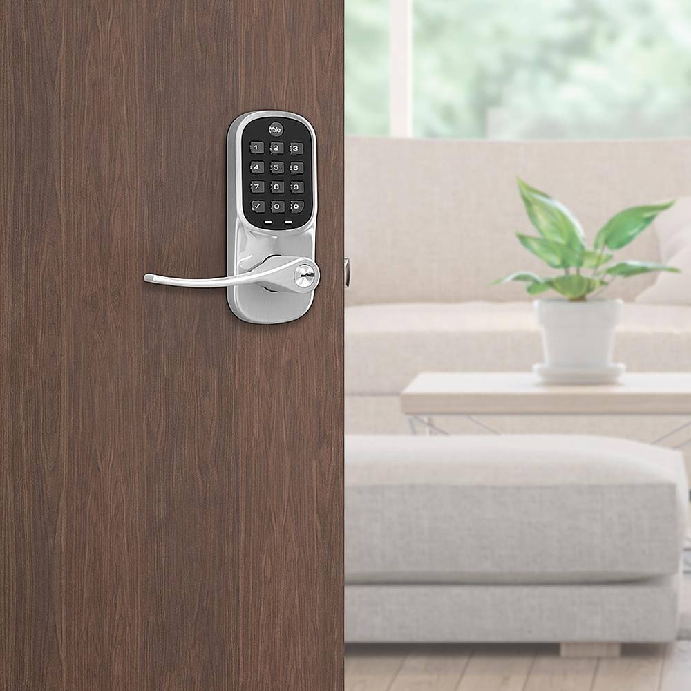 Left. Yale - Assure Lock - Electronic Lever Lock with Keypad | Key Access - Satin Nickel.