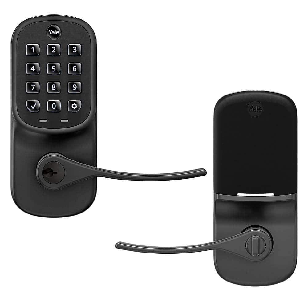 The image features two black Yale locks, each with a keypad and a handle. The locks are designed to secure doors and provide added security. The keypad on each lock allows for easy access and control, while the handle provides a convenient way to open the door. The Yale brand is known for its high-quality and reliable security products, making these locks a popular choice for homeowners and businesses alike.