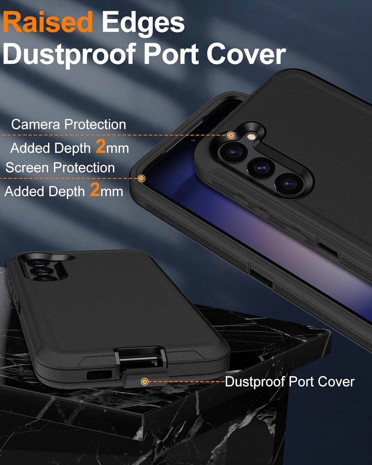 Raised Edges, Dustproof Port Cover, Camera Protection, Added Depth 2mm, Screen Protection, Added Depth 2mm, Dustproof Port Cover