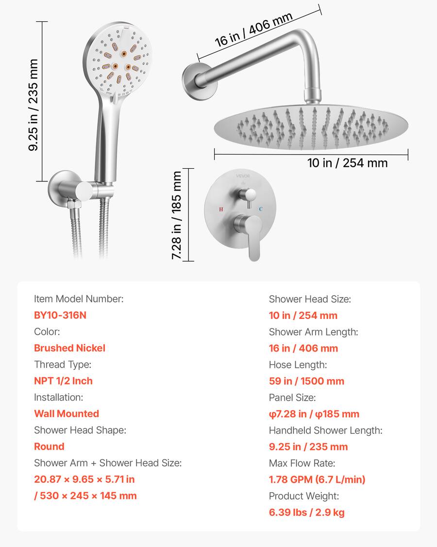 Oct Number System VEVOR Shower Faucet Set, Rainfall Bathroom Shower System with 10 Inch ...