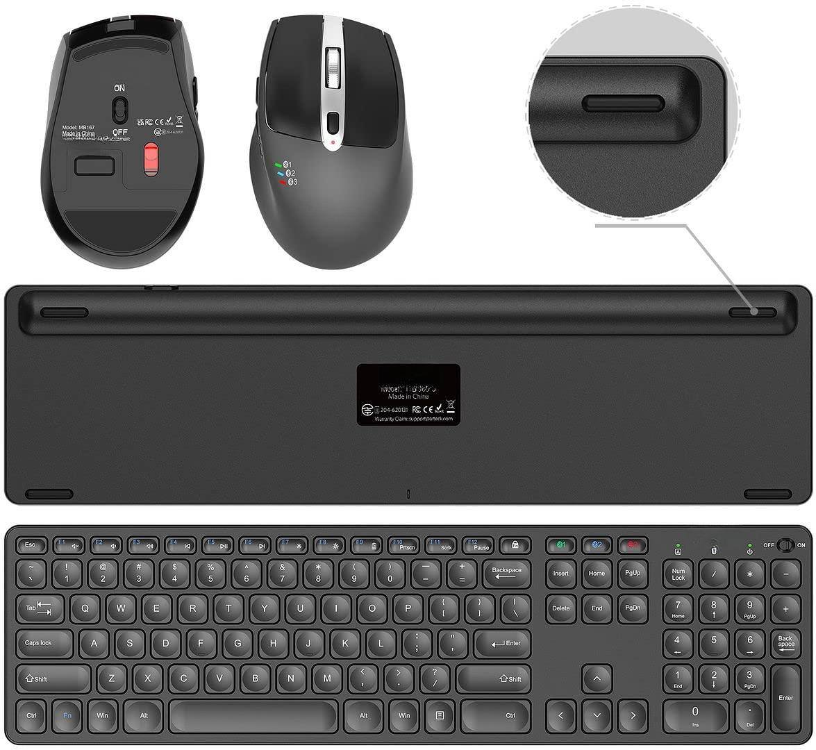 Sure, here is the corrected and grouped text from the image:

---

**Mouse:**
- ON
- OFF
- Mode: MB187
- USB Receiver
- 2.4GHz Wireless
- 10M Range
- 1200 DPI
- 3 Buttons
- 2.4GHz Wireless
- 10M Range
- 1200 DPI
- 3 Buttons

**Keyboard:**
- Esc
- F1 F2 F3 F4 F5 F6 F7 F8 F9 F10 F11 F12
- 1 2 3 4 5 6 7 8 9 0 -
- Q W E R T Y U I O P
- A S D F G H J K L ;
- Z X C V B N M , . /
- Tab
- Caps Lock
- Shift
- Ctrl
- Fn
- Win
- Alt
- Backspace
- Insert
- Home
- PgUp
- Num Lock
- Delete
- End
- PgDn
- 7 8 9 +
- 4 5 6 -
- 1 2