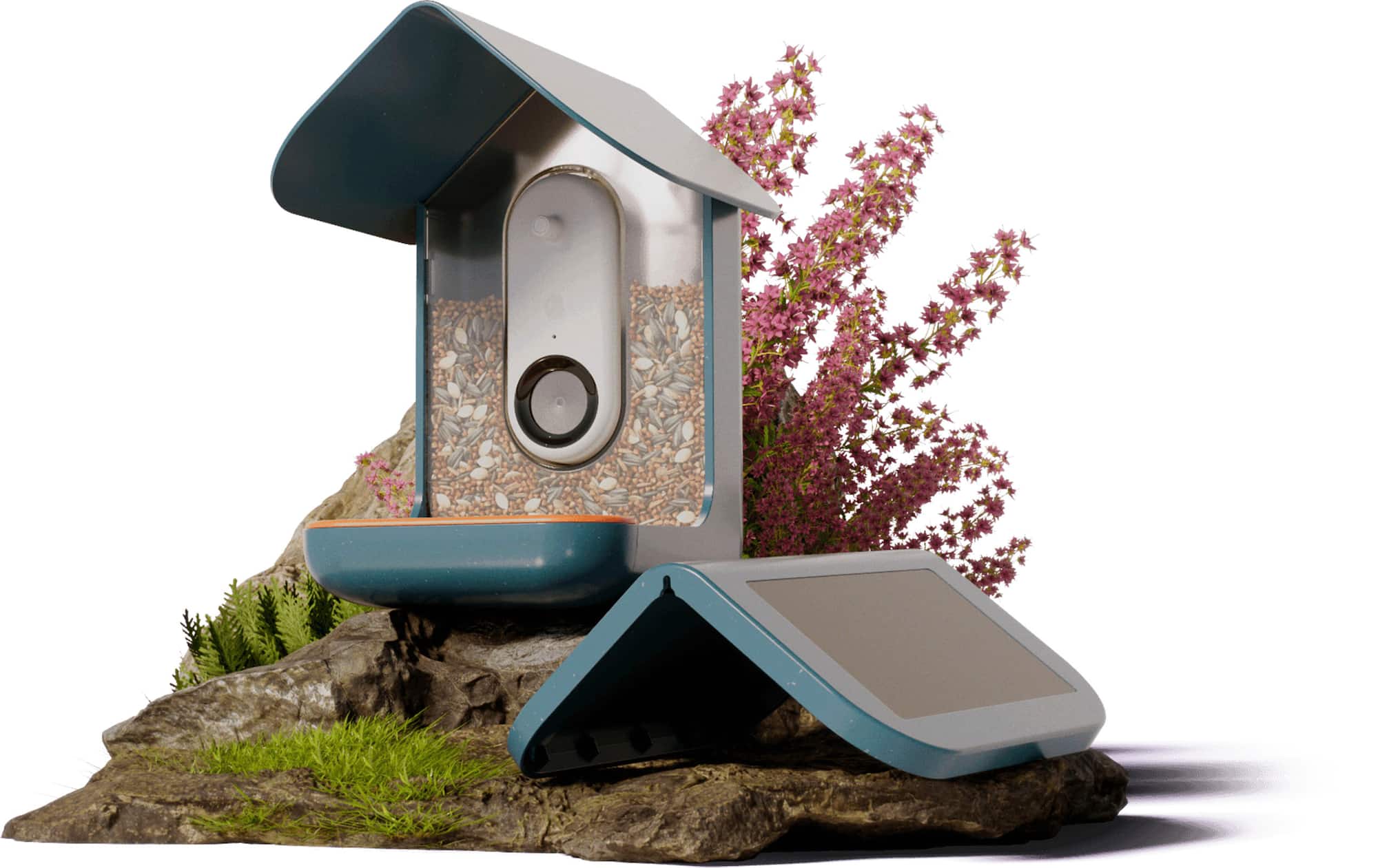 Zoom out on Front. Bird Buddy - Smart Bird Feeder with Solar Roof - Blue.