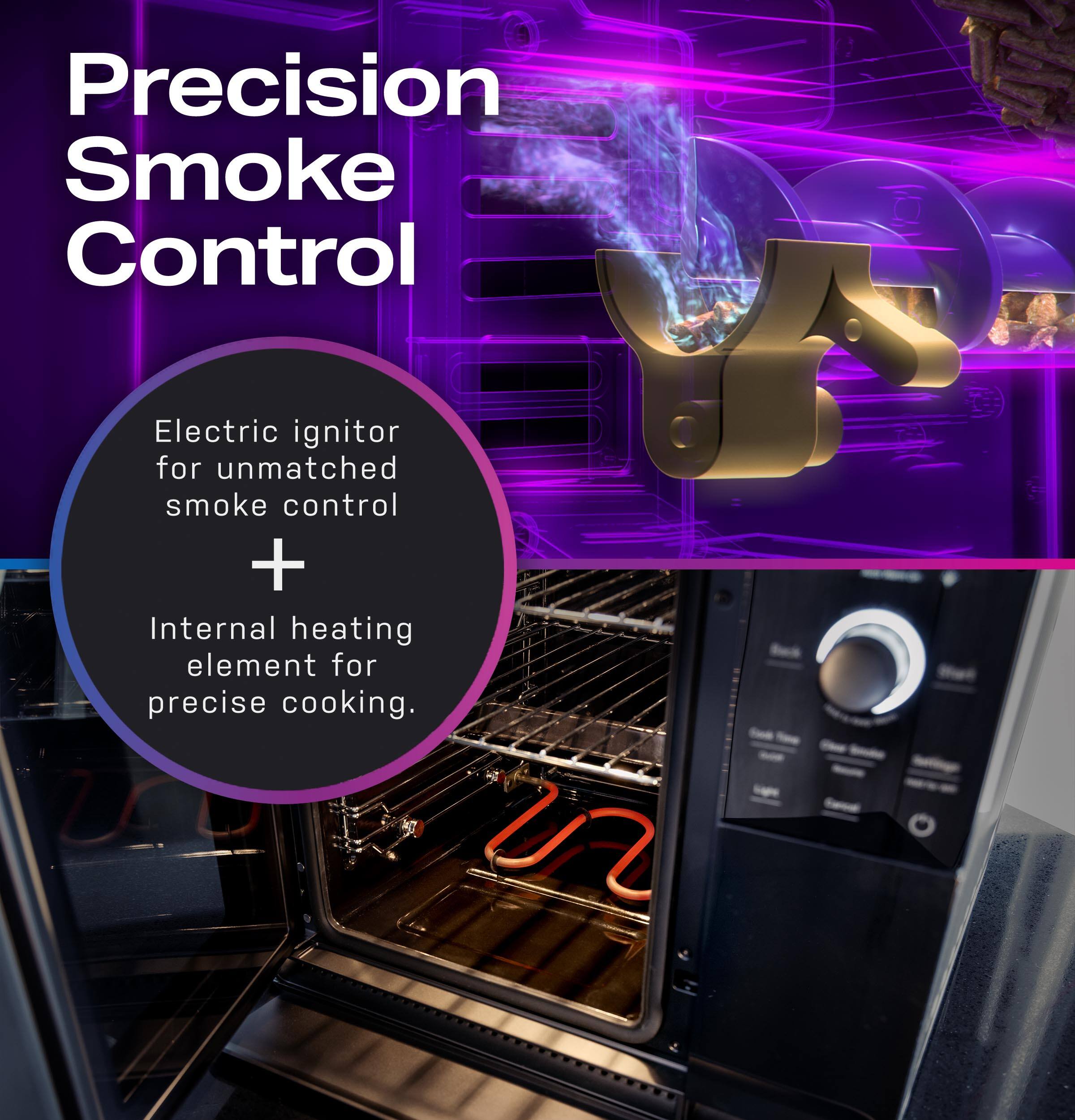 The image features a precision smoke control electric ignitor and an internal heating element for precise cooking. The electric ignitor is designed to provide unmatched smoke control, ensuring that the cooking process is efficient and smoke-free. The internal heating element is an essential component for precise cooking, as it allows for even heat distribution and temperature control. The image showcases the electric ignitor and the internal heating element, highlighting their importance in achieving optimal cooking results.