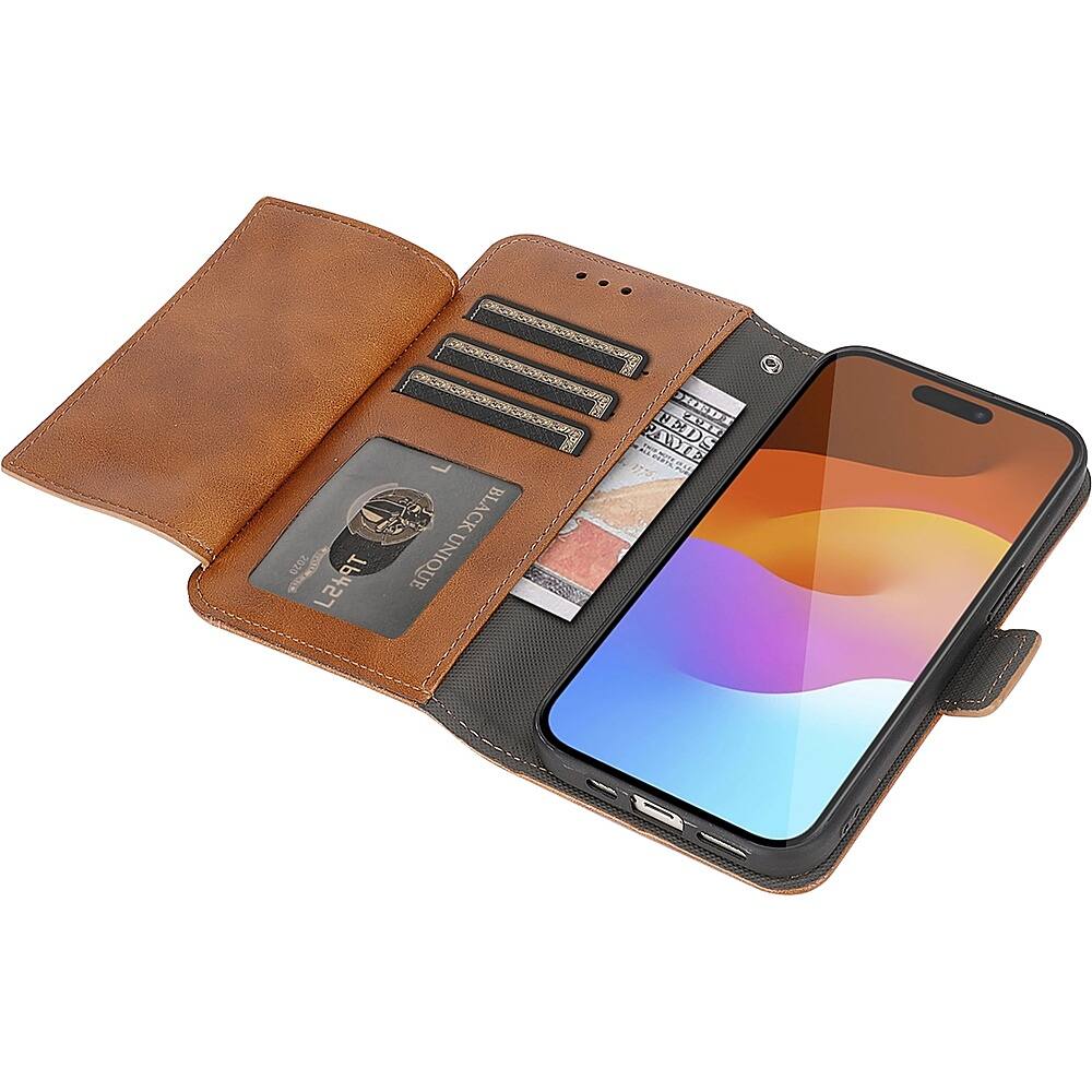 HR Wireless Leather Folio Wallet Case for iPhone 15 Plus - Brown