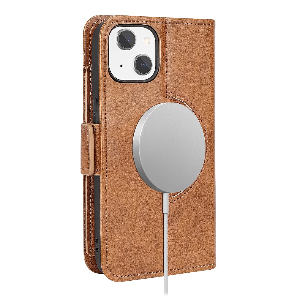 HR Wireless Leather Folio Wallet Case for iPhone 15 Plus - Brown