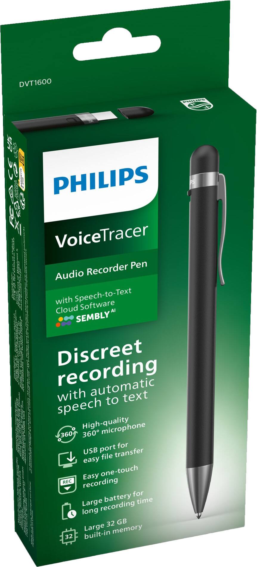 Alt View 11. Philips - Philips VoiceTracer DVT1600 32GB Digital Voice Recorder Pen with Sembly Speech-to-Text Software - Black.