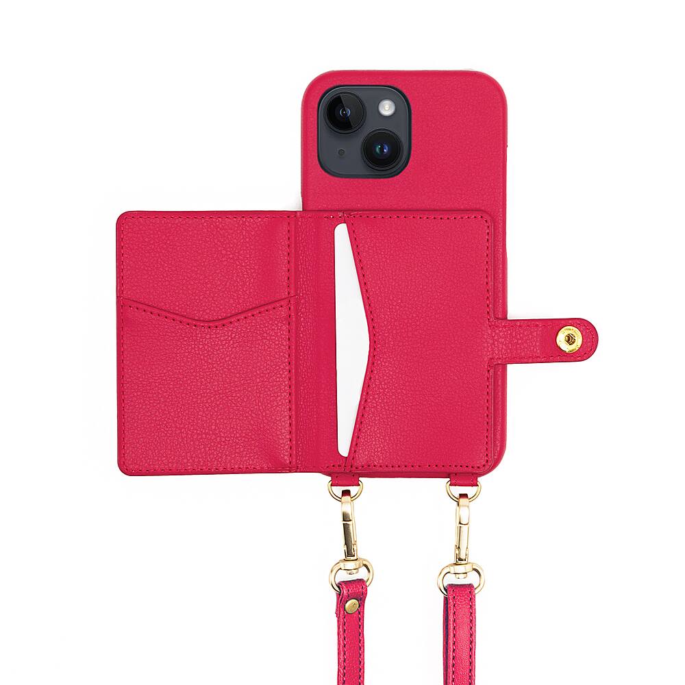 Angle. Bryten - Silverlake Vegan Leather Wallet Crossbody Case for Apple iPhone 14 / 13 - Magenta.