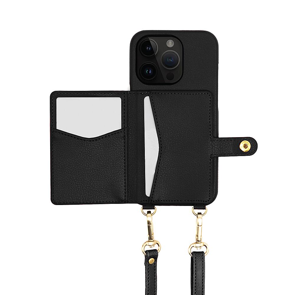 Angle. Bryten - Silverlake Vegan Leather Wallet Crossbody Case for Apple iPhone 14 Pro / iPhone 13 Pro - Black.