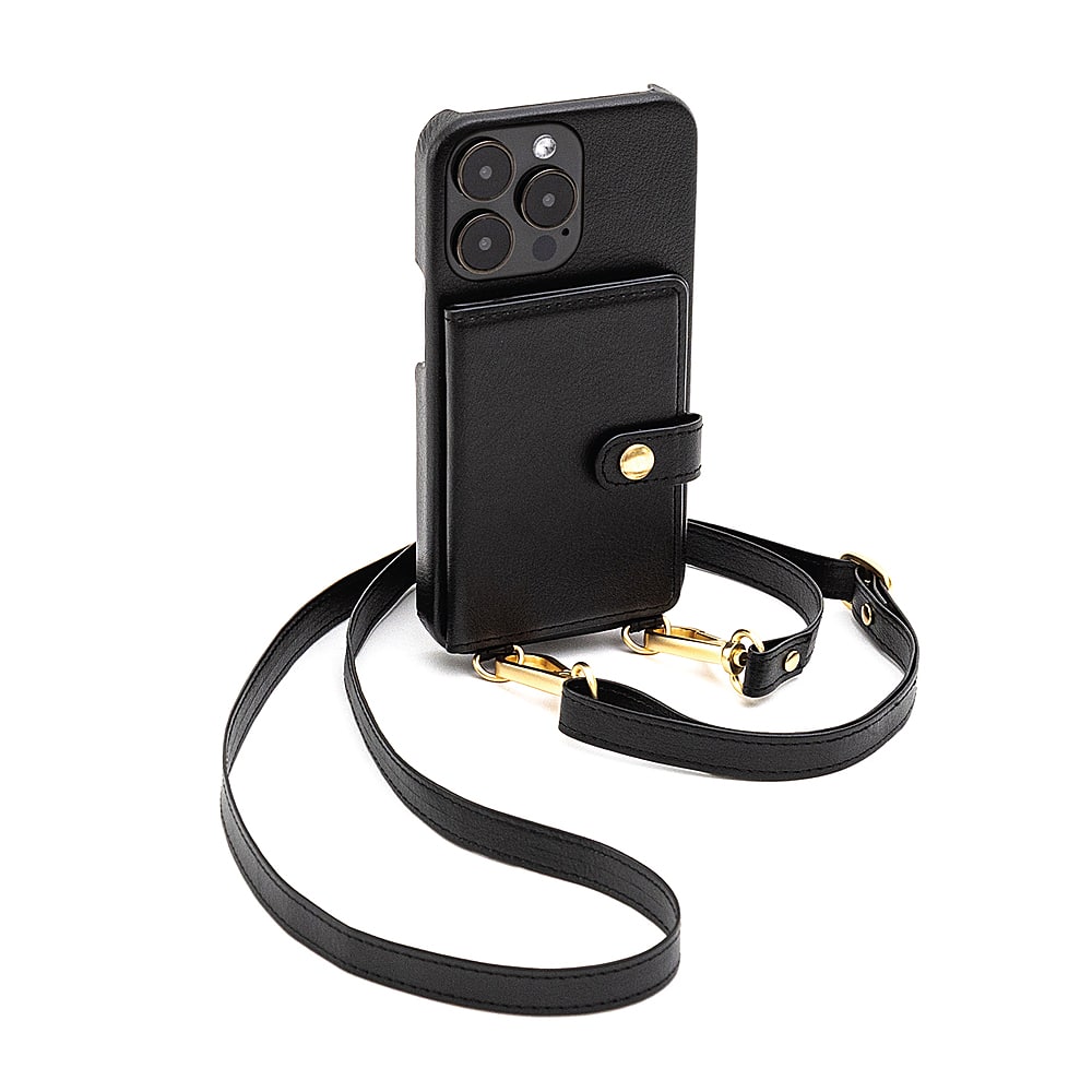 Front. Bryten - Silverlake Vegan Leather Wallet Crossbody Case for Apple iPhone 14 Pro / iPhone 13 Pro - Black.