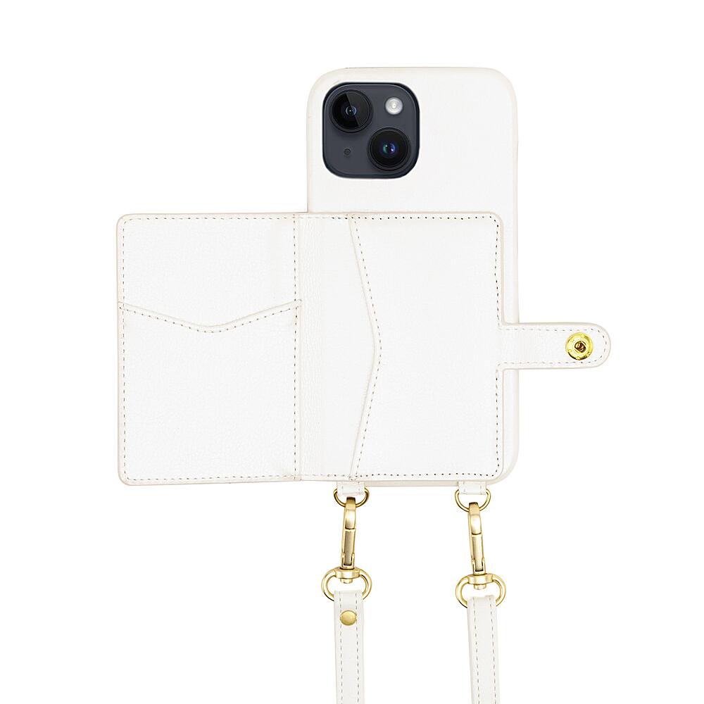 Angle. Bryten - Silverlake Vegan Leather Wallet Crossbody Case for Apple iPhone 14 / 13 - Pearl White.