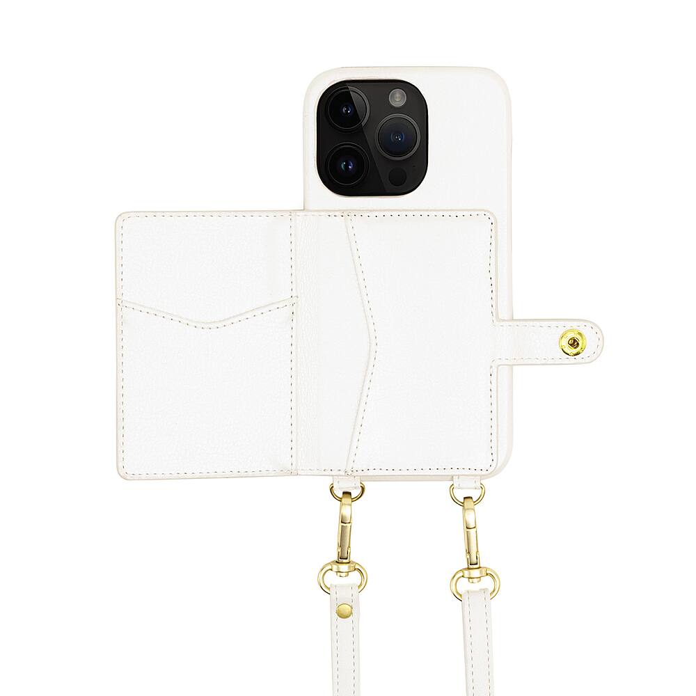 Angle. Bryten - Silverlake Vegan Leather Wallet Crossbody Case for Apple iPhone 14 Pro Max / iPhone 13 Pro Max - Pearl White.