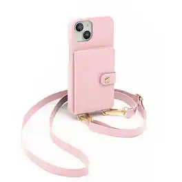 Bryten - Silverlake Vegan Leather with Adjustable Strap & Credit Card Holder Wallet, Shockproof Case iPhone 14 / 13 - Peony Pink