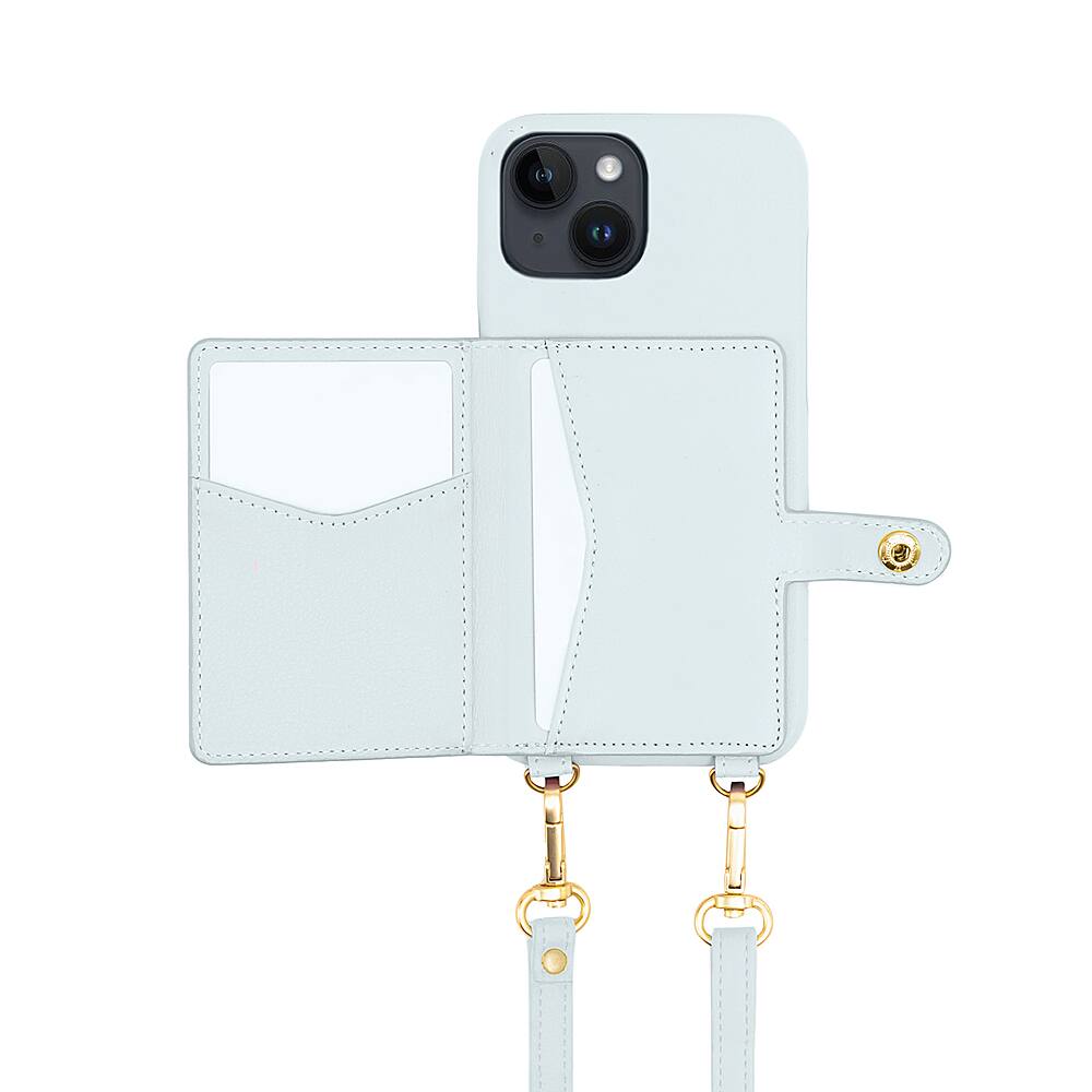 Angle. Bryten - Silverlake Vegan Leather Wallet Crossbody Case for Apple iPhone 14 / 13 - Powder Blue.