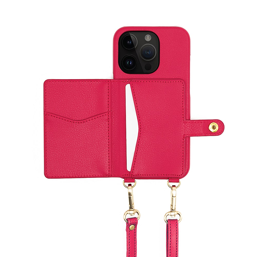 Angle. Bryten - Silverlake Vegan Leather Wallet Crossbody Case for Apple iPhone 14 Pro / iPhone 13 Pro - Magenta.