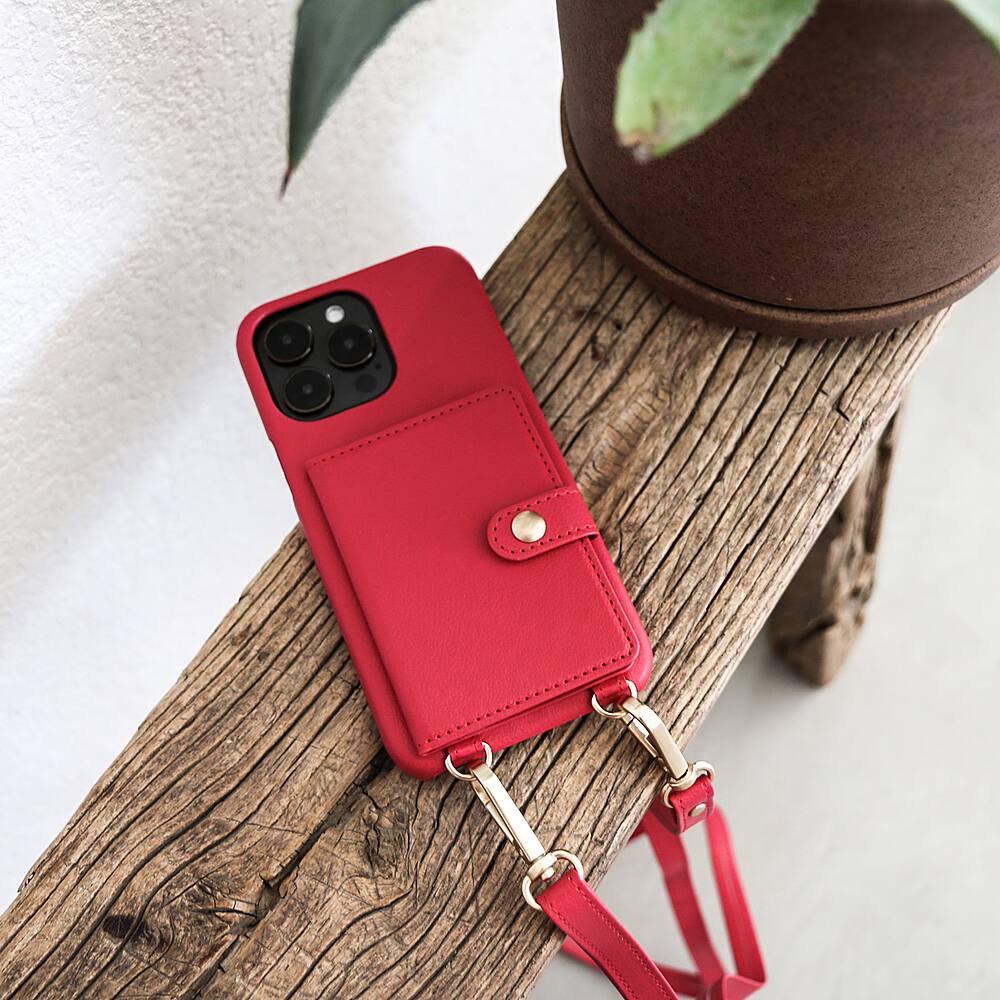 Alt View 3. Bryten - Silverlake Vegan Leather Wallet Crossbody Case for Apple iPhone 14 Pro / iPhone 13 Pro - Magenta.