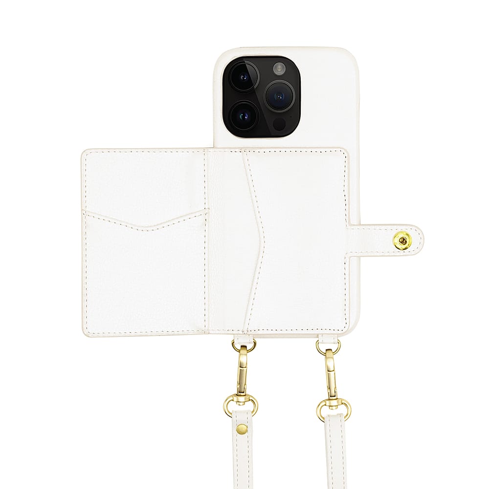 Angle. Bryten - Silverlake Vegan Leather Wallet Crossbody Case for Apple iPhone 14 Pro / iPhone 13 Pro - Pearl White.