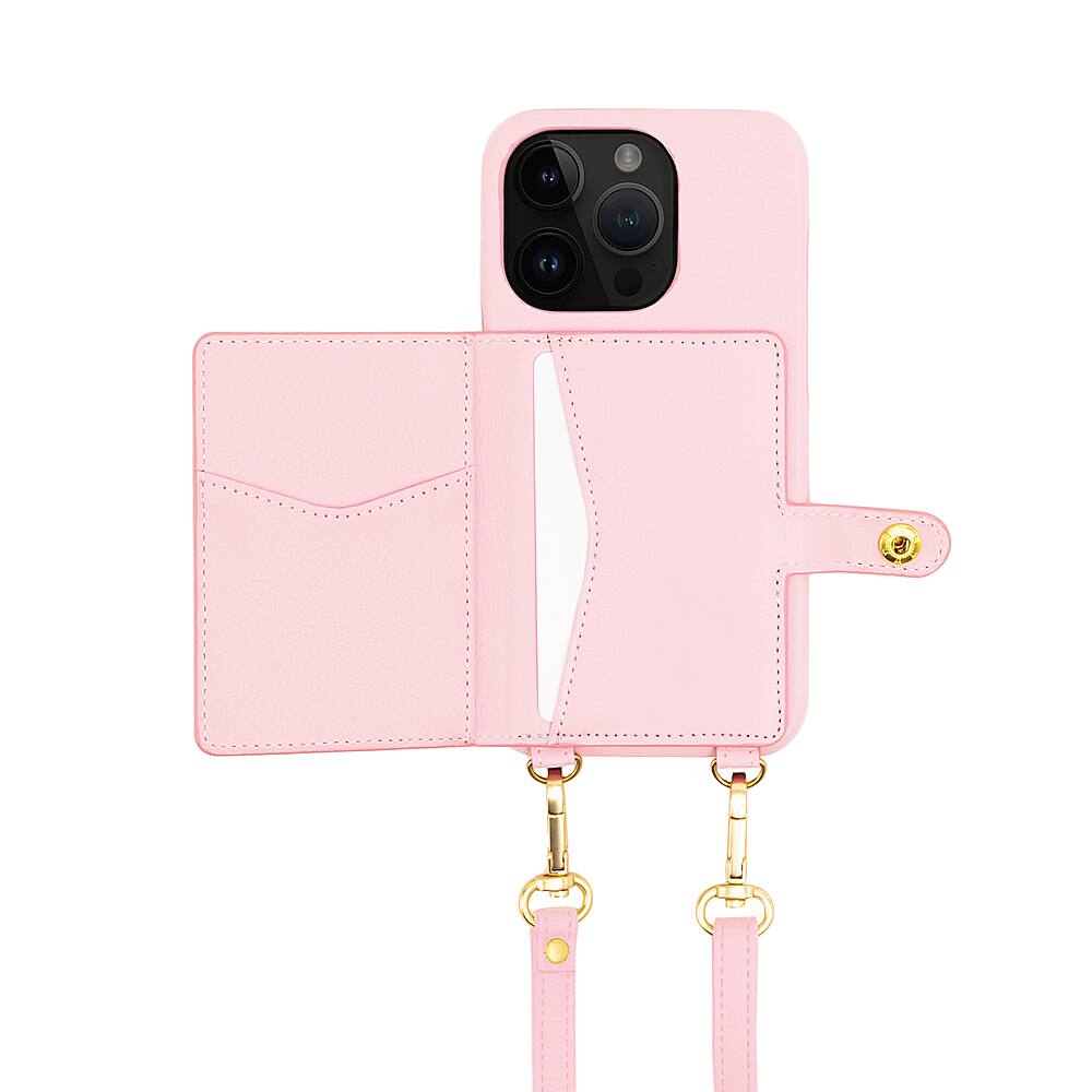Angle. Bryten - Silverlake Vegan Leather Wallet Crossbody Case for Apple iPhone 14 Pro Max / iPhone 13 Pro Max - Peony Pink.