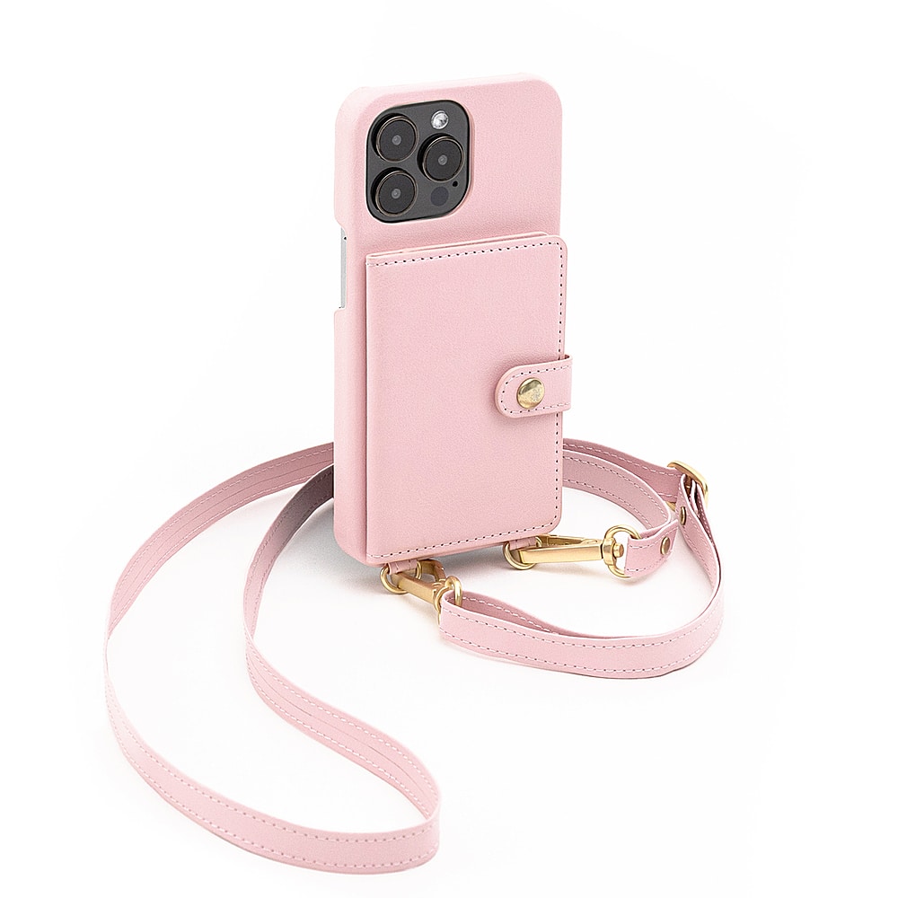 Front. Bryten - Silverlake Vegan Leather Wallet Crossbody Case for Apple iPhone 14 Pro Max / iPhone 13 Pro Max - Peony Pink.