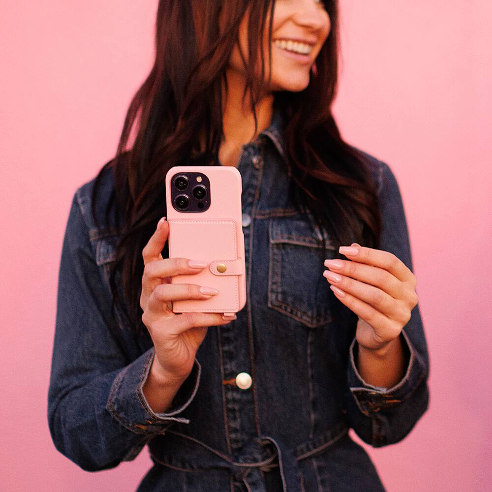 Alt View 11. Bryten - Silverlake Vegan Leather Wallet Crossbody Case for Apple iPhone 14 Pro / iPhone 13 Pro - Peony Pink.