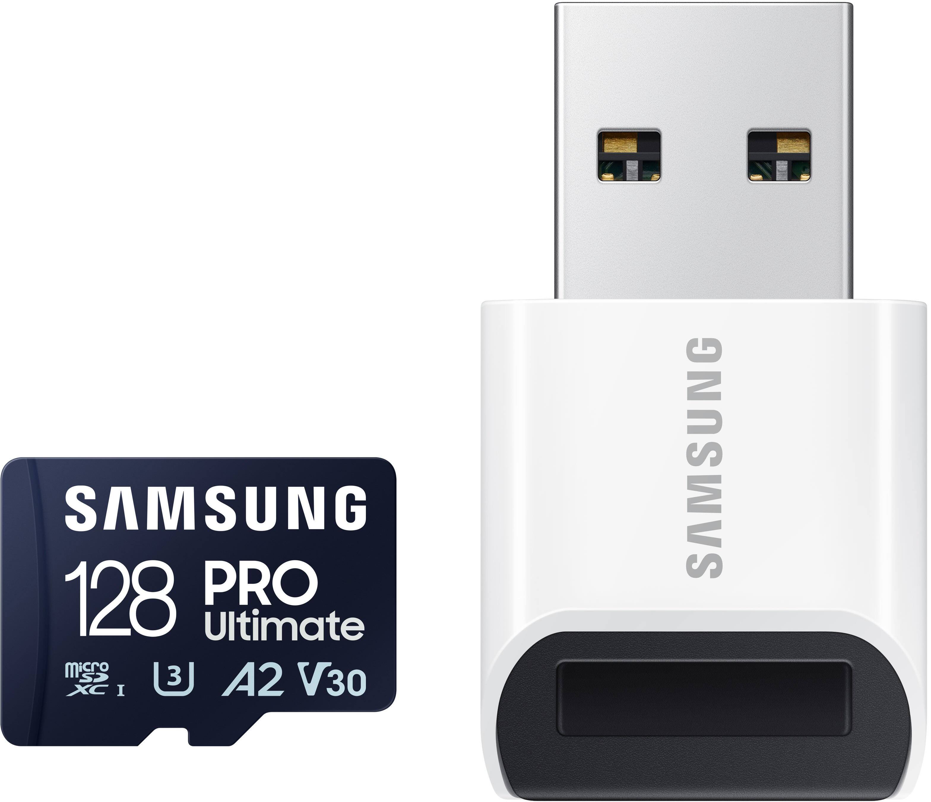Front. Samsung - Pro Ultimate and Reader 128GB microSDXC Memory Card - Blue.