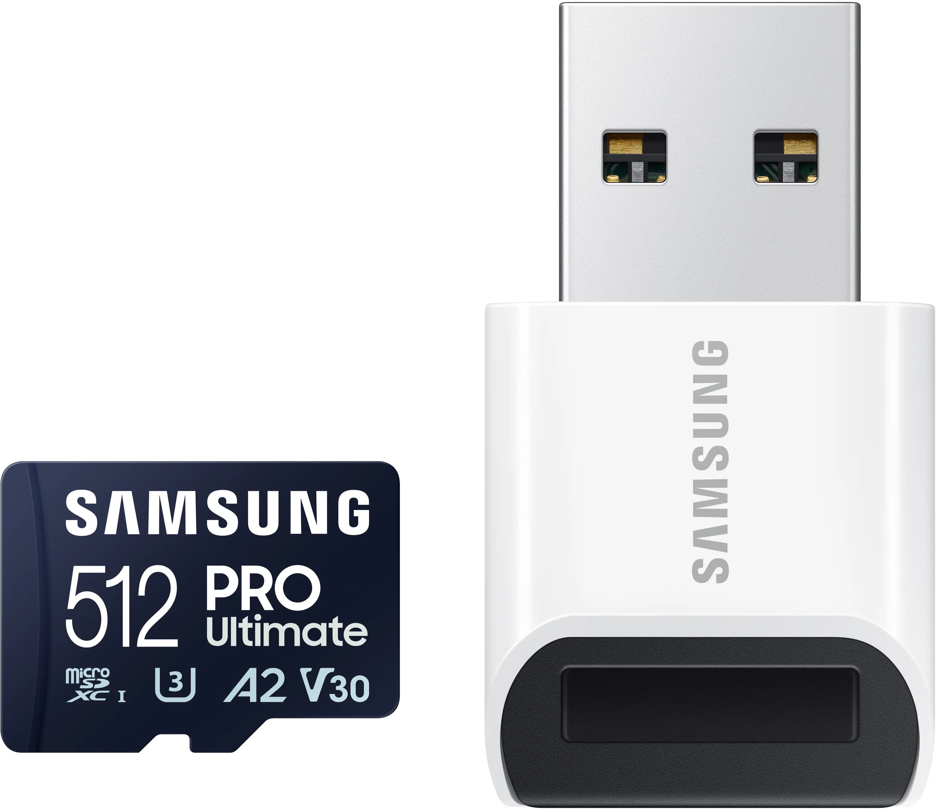 Front. Samsung - SAMSUNG PRO Ultimate + Reader 512GB microSDXC Memory Card, Up-to 200 MB/s, UHS-I, C10, U3, V30, A2 - Blue.