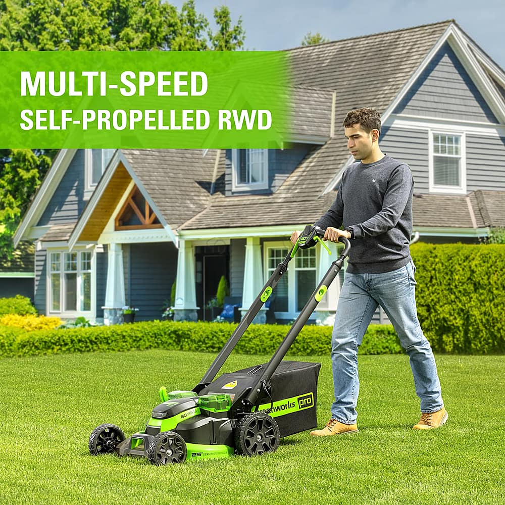 Left. Greenworks - 80V 25" Cordless Battery Dual Blade Self-Propelled Mower with 4.0Ah Battery & Rapid Charger - Green.