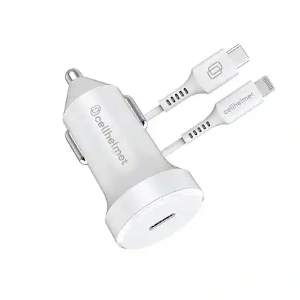 Front. Cellhelmet - 20W Car Charger Plug with 3' Round Lightning to USB Type-C Cable - White.
