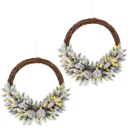 Costway - 2 PCS 24" Christmas Wreath with 65 Branch Tips 8 Natural Pine Cones 6 Lighting Modes - Multicolor
