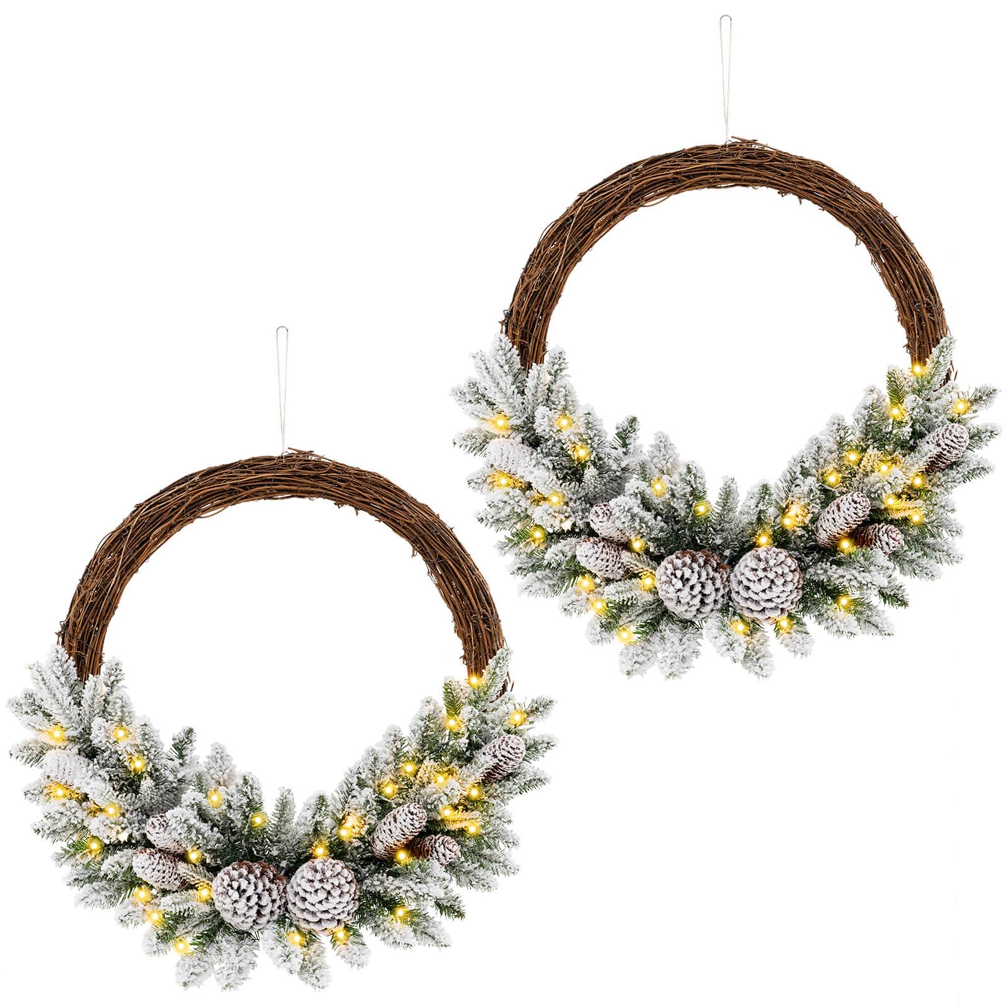 Front. Costway - Costway 2 PCS 24" Christmas Wreath with 65 Branch Tips 8 Natural Pine Cones 6 Lighting Modes - Multicolor.