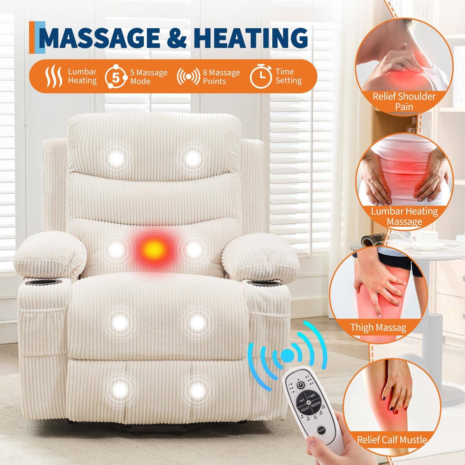 MASSAGE & HEATING

- Lumbar Heating
- 5 Massage Mode
- 8 Massage Points
- Time Setting

- Relief Shoulder Pain
- Lumbar Heating Massage
- Thigh Massage
- Relief Calf Muscle