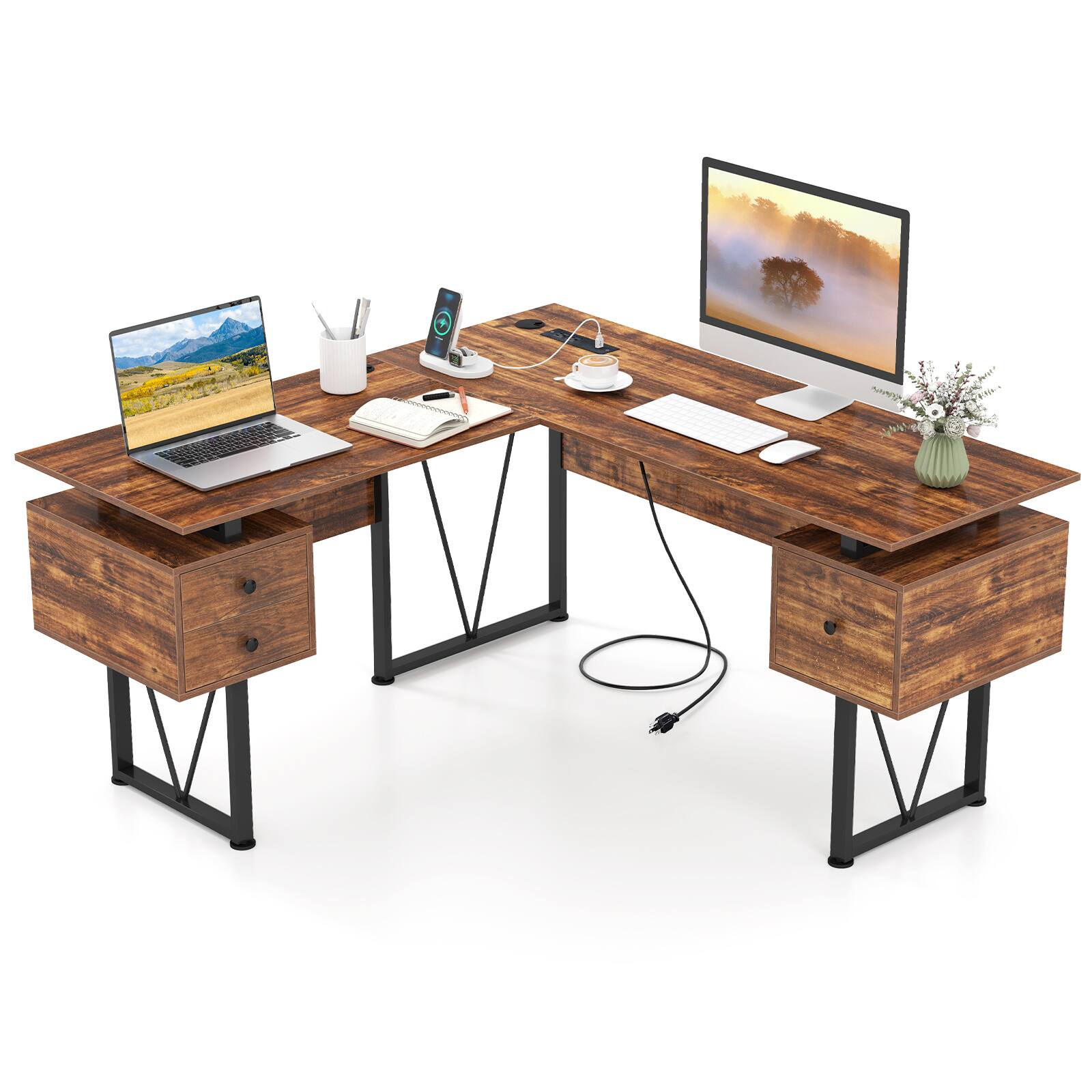 Costway - 59" L-shaped Computer Desk with Power Outlets and 3 Storage Drawers Industrial Computer Workstation - Rustic Brown