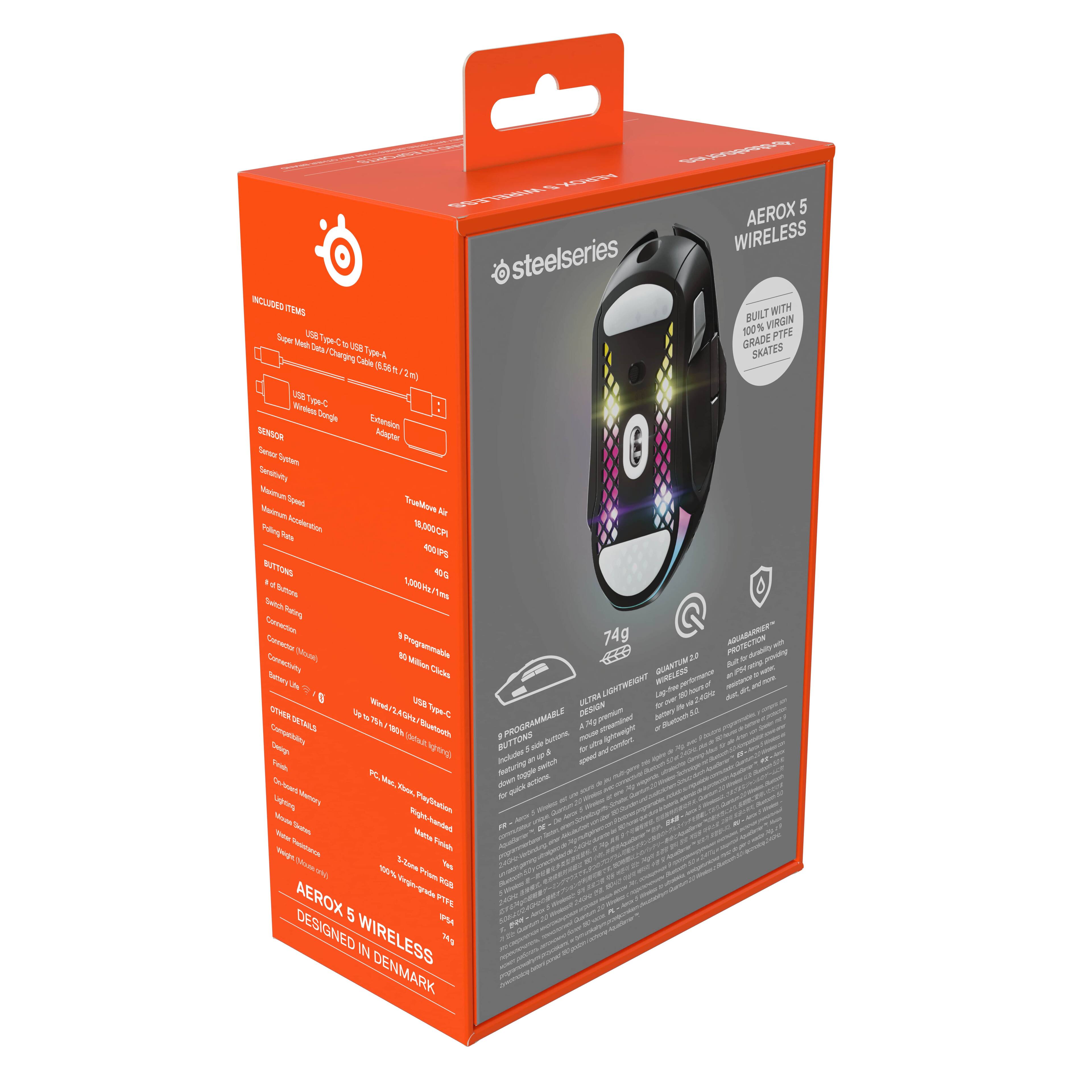 The box contains a wireless AEROX 5 mouse designed by steelseries. The mouse is built with high-quality materials and is programmable. The box also includes a Super N Jam! wheel and a Catle 1L5 2-4 Catle skateboard.