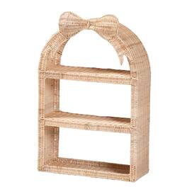 bali & pari - Creusa Natural Rattan Wall Shelf - 3-Tier Decorative Storage Rack with Arched Frame and Woven Bow Accent - Natural Brown