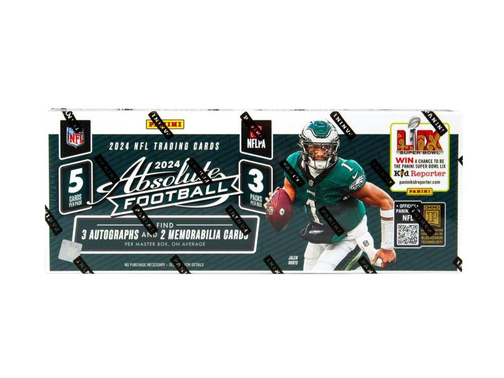 ININV INI NFL NFLPA 2024 NFL TRADING CARDS 2024 5 Absolute FOOTBALL 3 CARDS PACKS PER PACK PER BOX FIND PANINI 3 AUTOGRAPHS AND 2 MEMORABILIA CARDS PER MASTER BOX, ON AVERAGE

ININV IL PANINI

ANIN! alla SUPER BOWL WIN A CHANCE TO BE THE PANINI SUPER BOWL LIX Kfd Reporter paninikidreporter.com PANINI OFFICIAL PANINI NFL BLOCKCHAIN TECHNOLOGY!

NO PURCHASE NECESSARY SE

FOR DETAILS

JALEN HURTS