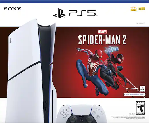 Front. Sony Interactive Entertainment - PlayStation 5 Slim Console – Marvel's Spider-Man 2 Bundle (Full Game Download Included) - White. - T (Teen 13+)