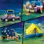 The image showcases a variety of Lego toys, including a truck, a camper, a tent, and a car. There are also several people and animals present in the scene. The truck is the largest Lego toy in the image, and it is parked next to the camper. The tent is located near the center of the image, and the car is positioned towards the right side. The people and animals are scattered throughout the scene, adding to the overall playful atmosphere.