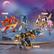 The image features a group of Lego figures, including a dragon and a robot. The figures are posed in various positions, with some standing and others sitting. The largest figure is located in the center of the image, while the others are scattered around it. The scene appears to be set in a snowy environment, with a moon visible in the background. The Lego figures are labeled with numbers, such as 71808, 71807, 71806, and 3, indicating their individual identities or roles in the scene.